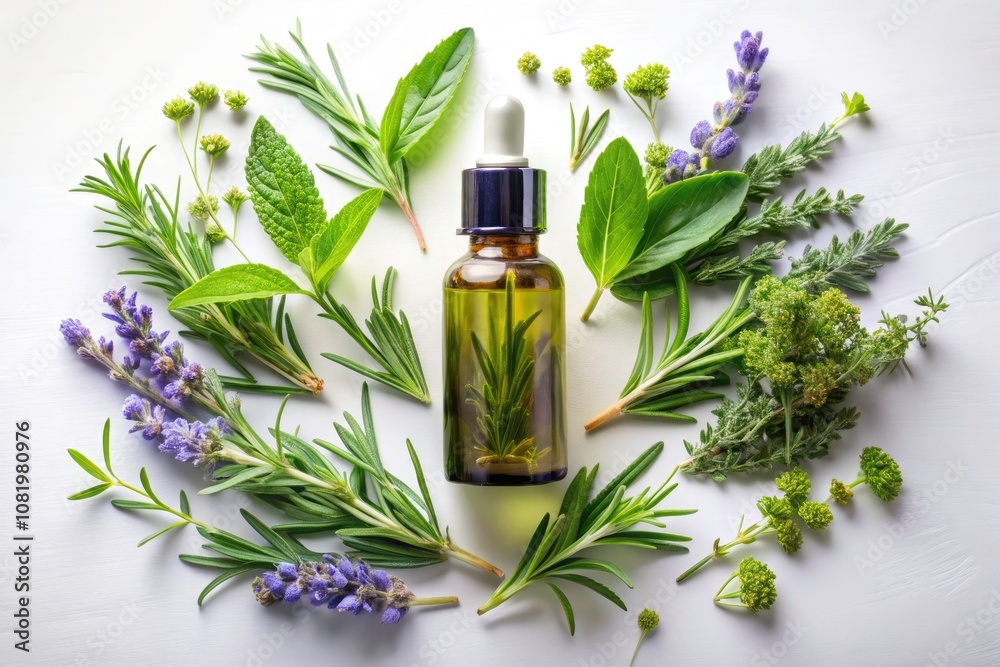 Elegant Herbal Serum Bottle with Assorted Herbs on White Background - Skincare Benefits, Natural Ingredients, Wellness, Beauty Essentials, Organic Skincare, Aromatherapy, Herbal Remedies Elegant Herbal Serum Bottle with Assorted Herbs on White Background - Skincare Benefits, Natural Ingredients, Wellness, Beauty Essentials, Organic Skincare, Aromatherapy, Herbal Remedies