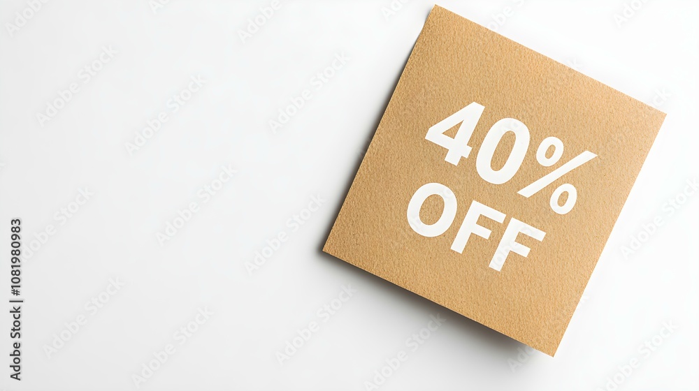 White '40% OFF' Text on a Light Brown Square Paper Note. White Background with Copy Space White '40% OFF' Text on a Light Brown Square Paper Note. White Background with Copy Space