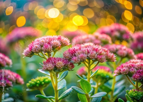 Captivating Bokeh Effect on Coppertone Stonecrop, Showcasing Nussbaumers Sedum's Vibrant Foliage and Delicate Flowers in a Soft, Dreamy Background for Nature Lovers and Garden Enthusiasts photo