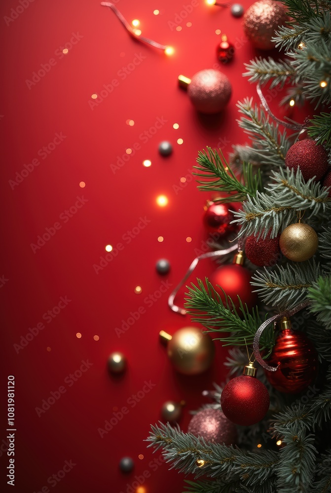Obraz premium Festive Christmas Ornaments on Red Background with Lights