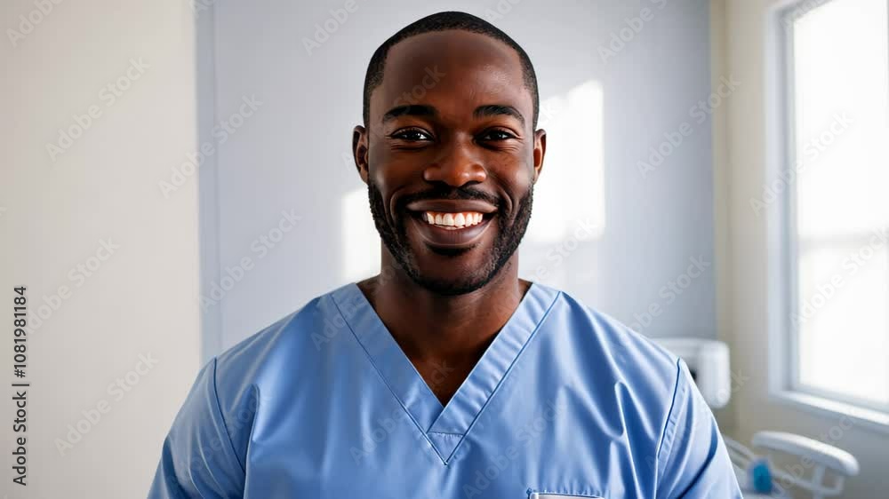 Friendly African American Black Male Man Nurse Doctor Smiling in Hospital Corridor - Healthcare Professional Portrait in Medical Uniform Friendly African American Black Male Man Nurse Doctor Smiling in Hospital Corridor - Healthcare Professional Portrait in Medical Uniform