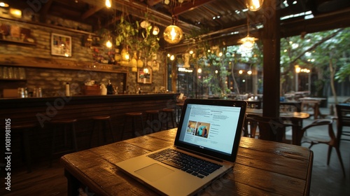 Cozy Café Interior with Laptop on Table, Perfect for Work or Relaxation photo