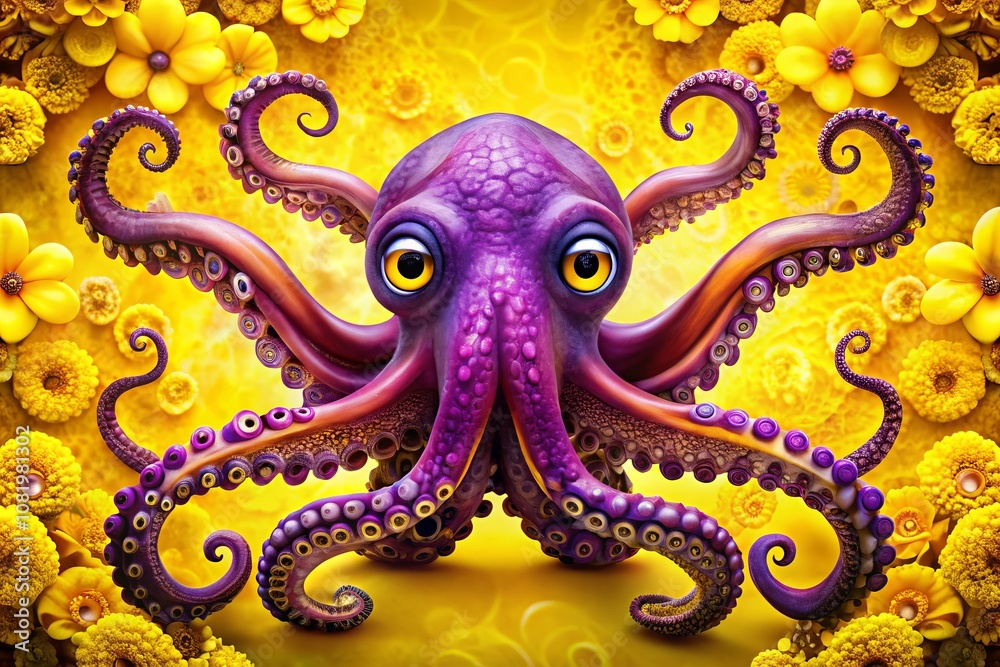 Captivating Double Exposure of a Purple Octopus with Large Eyes Set Against a Bright Yellow Background, Creating a Stunning Visual Contrast for Creative Projects and Artistic Displays Captivating Double Exposure of a Purple Octopus with Large Eyes Set Against a Bright Yellow Background, Creating a Stunning Visual Contrast for Creative Projects and Artistic Displays
