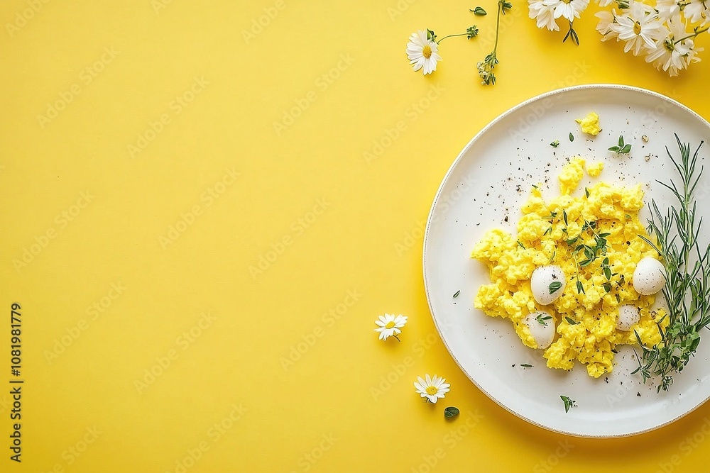 Scrambled eggs with basil on a yellow background. Scrambled eggs with basil on a yellow background.
