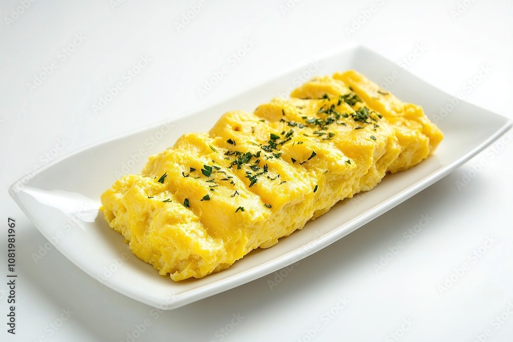 Creamy scrambled eggs with fresh herbs on white background. Creamy scrambled eggs with fresh herbs on white background.