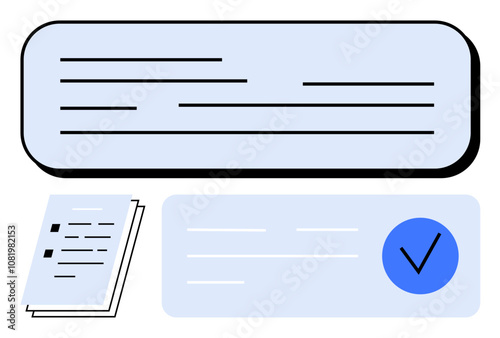 Form with text lines, a stack of papers with bullet points, a checkbox with a blue checkmark. Ideal for to-do lists, management, tasks, organization, productivity documentation workflow. Line