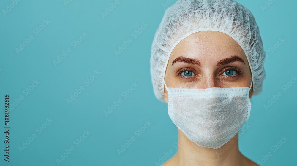 Woman wearing surgical mask and hair cap against blue background, conveying sense of professionalism and hygiene Woman wearing surgical mask and hair cap against blue background, conveying sense of professionalism and hygiene
