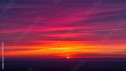 A vibrant, fiery sunset paints the sky with streaks of orange, red, and purple.