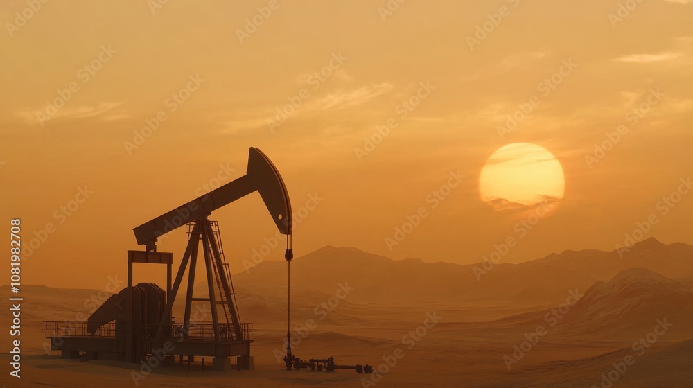 Oil Pump Jack Silhouetted Against a Golden Sunset in a Desert Landscape with Distant Mountains and a Calm Atmospheric Sky Oil Pump Jack Silhouetted Against a Golden Sunset in a Desert Landscape with Distant Mountains and a Calm Atmospheric Sky