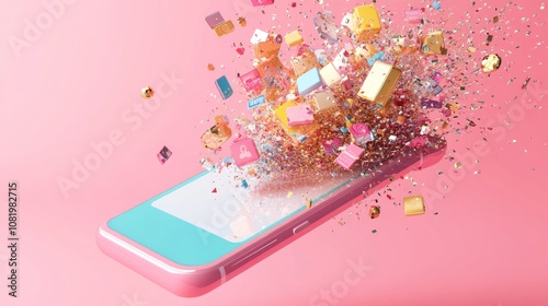 Digital Shopping Explosion: 3D Smartphone with Icons and Discounts in Pastel Colors photo