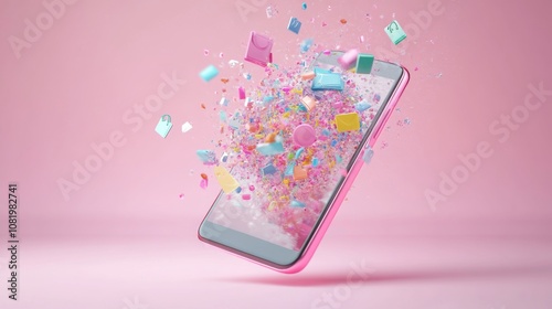 Smartphone with Exploding Icons of Shopping, Discounts, and Digital Payments in Pastel Theme photo