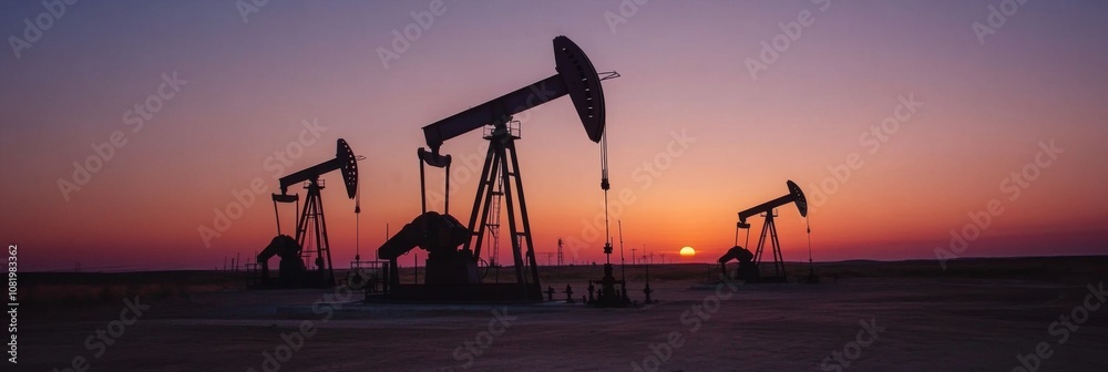 Fototapeta premium Oil Rigs Silhouetted Against a Dramatic Sunset