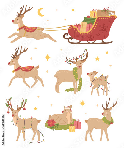 Christmas vector illustration of different random reindeer decorations 