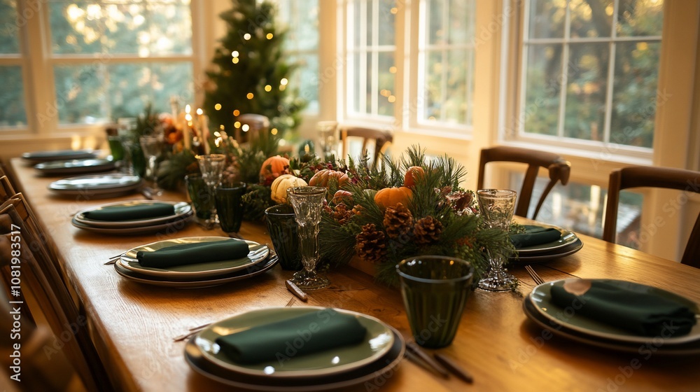 Festive table setting with green napkins, plates, and glasses, along with a centerpiece of greenery, pine cones, and candles. Festive table setting with green napkins, plates, and glasses, along with a centerpiece of greenery, pine cones, and candles.
