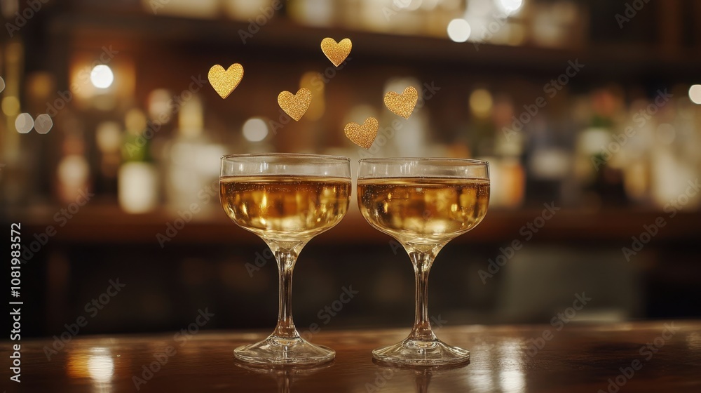 Romantic Celebration with Champagne Glasses and Floating Heart Decorations in a Cozy Bar Setting, Perfect for Love and Relationship Themes Romantic Celebration with Champagne Glasses and Floating Heart Decorations in a Cozy Bar Setting, Perfect for Love and Relationship Themes