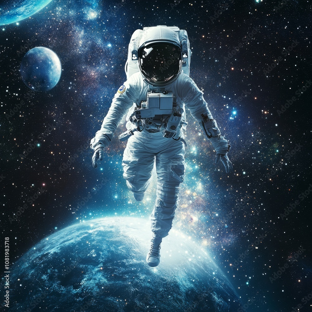Astronaut floating in space with planets in the background. Astronaut floating in space with planets in the background.
