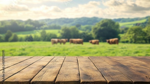 Rustic Wooden Table Overlooking Green Pasture with Cows Grazing in the Background Against a Soft Blurry Landscape of Rolling Hills and Blue Sky