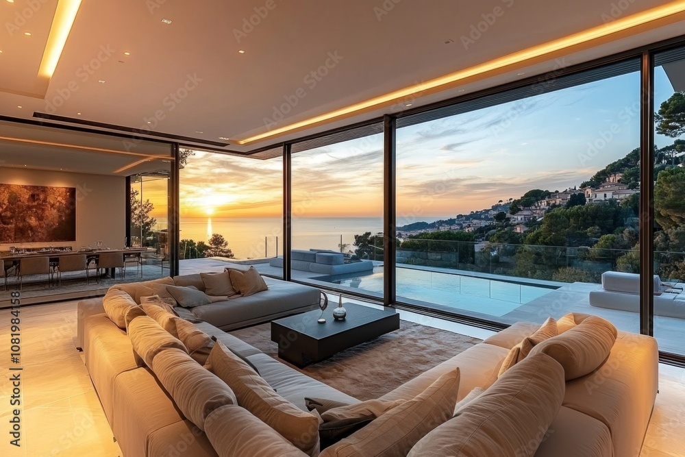 Modern living room with large windows overlooking a pool and ocean sunset. Modern living room with large windows overlooking a pool and ocean sunset.