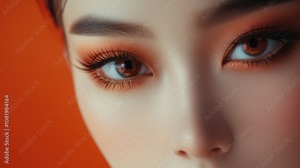 Close-up of a Woman's Eye with Orange Eye Shadow and Long Eyelashes Close-up of a Woman's Eye with Orange Eye Shadow and Long Eyelashes