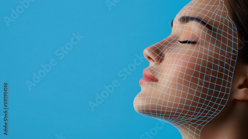 Serene woman with digital grid overlay on her face against blue background, symbolizing skincare technology and innovation
