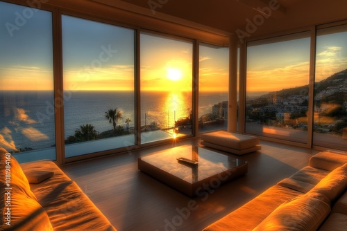 Modern living room with large windows overlooking a stunning sunset over the ocean.