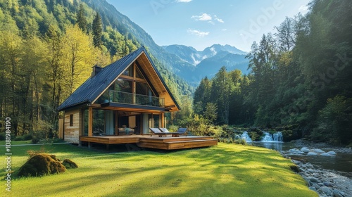 Modern wooden cabin with deck overlooking a mountain river in a green valley.