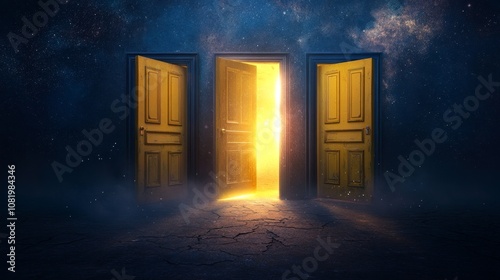 Three doors with one open revealing a bright light, signifying choice and opportunity.