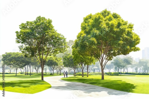 Two men walk on a path in a green park.