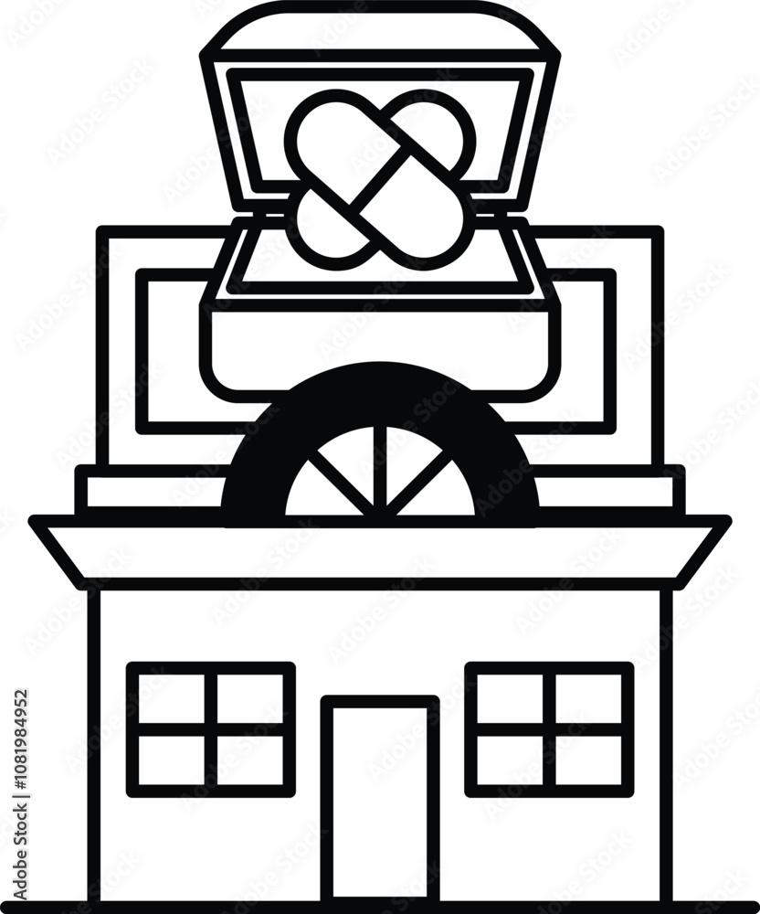Illustration of a building and a medicine in line drawing style Illustration of a building and a medicine in line drawing style