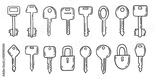 Sketch hand drawn doodle key icon set. Vintage locks and keys. Outline decor security elements collection.