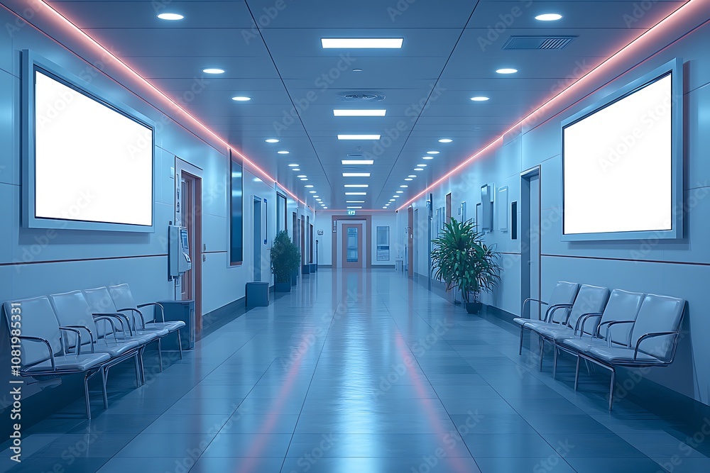 Fototapeta premium A mockup of an empty white poster on the wall in modern hospital waiting room with comfortable chairs and medical equipment. empty white blank poster on white wall in hospital, white board.