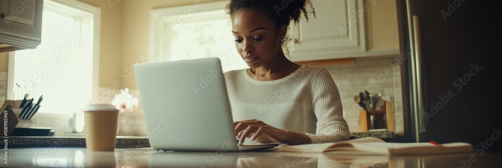 Woman Working on Laptop in Kitchen, Home Office Woman Working on Laptop in Kitchen, Home Office
