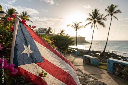 Vintage Style Photography of Puerto Rico's Flag with Rustic Textures, Sunlit Background, and Tropical Elements Evoking the Island's Rich Culture and Heritage