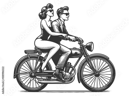 couple on a motorcycle, capturing a 1950s aesthetic. Woman rides on the back, embracing the adventure sketch engraving generative ai vector illustration. Scratch board imitation. Black and white image