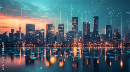 A smart city concept with high-rise buildings and futuristic urban infrastructure, focusing on sustainable development and advanced city planning