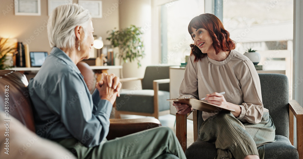 Psychologist, chat and senior woman with notes and smile from mental health assessment in consultation. Writing, support and care with counseling, psychology and evaluation with advice in office