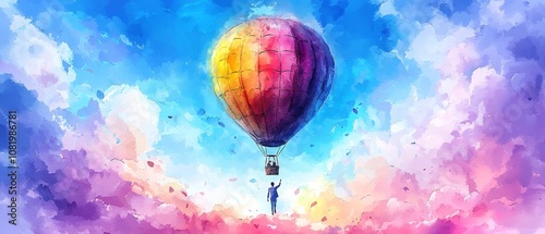 A colorful hot air balloon floats above vibrant clouds, creating a dreamy atmosphere, evoking feelings of adventure and freedom.