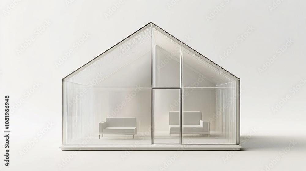 Minimalist Glass House Model with Two Couches Inside. Minimalist Glass House Model with Two Couches Inside.