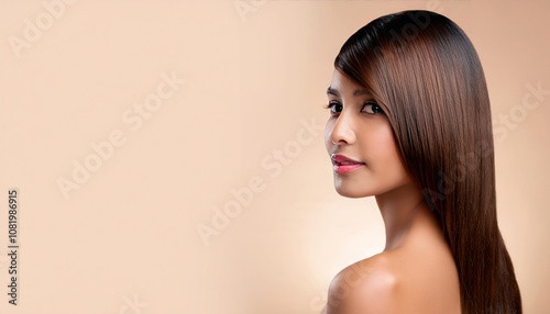 Beautiful Model with Shiny, Long, Straight Brown Hair for Keratin Haircare and Styling Products photo