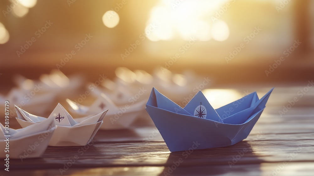 A blue paper boat leads white boats on a rustic table, symbolizing leadership in warm sunlight.