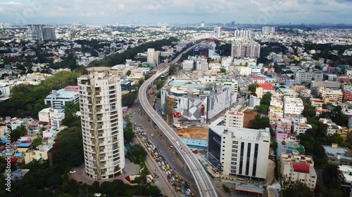 Ariel shot of newly constructed Banerghatta road metro line in Bangalore city, India 