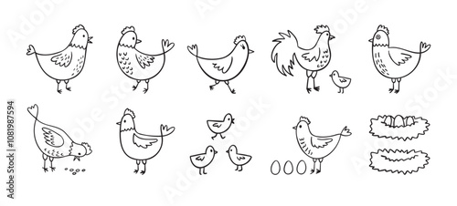 Hand drawn cute hen chickens set. Doodle farm chickens sketch style. Funny outline domestic birds, poultry concept.