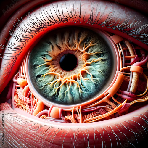 Anatomical illustration showing the structure of the retina and capillaries in the human eye. photo