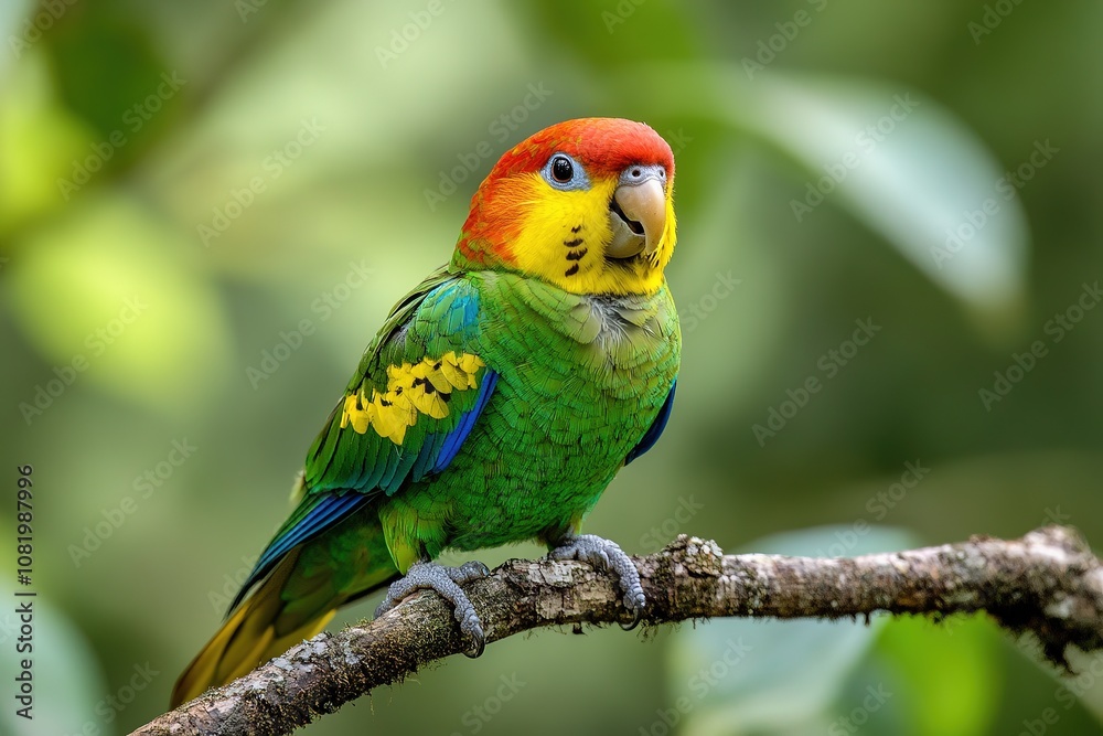 Naklejka premium Colorful Parrot Perched on Branch with Green Background.