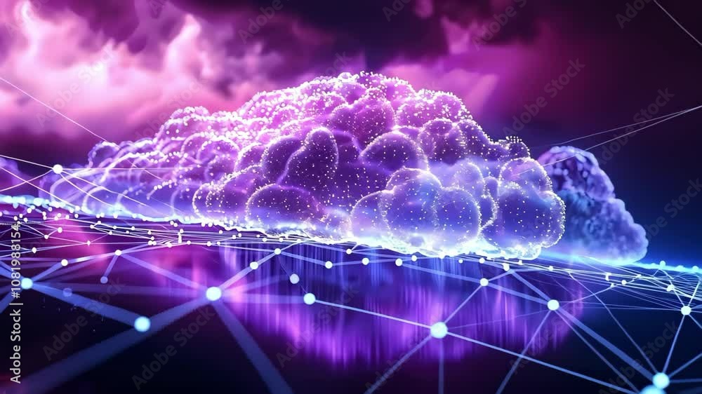 A vibrant, abstract depiction of clouds and interconnected nodes, suggesting themes of technology and data visualization.