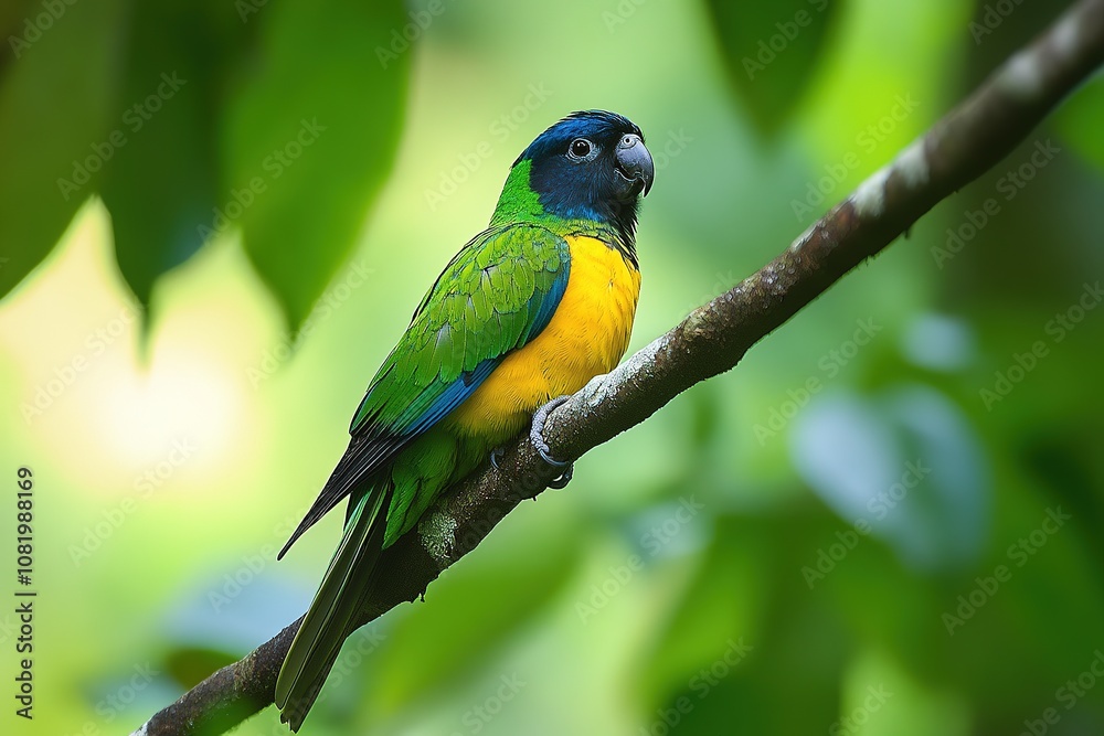 Naklejka premium Colorful Parrot Perched on Branch with Green Background.