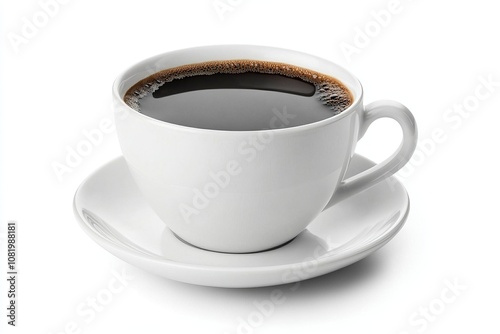  White Coffee Cup Filled with Black Coffee on White Background.