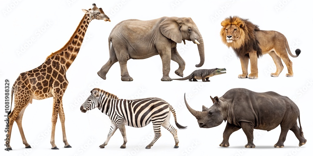 Naklejka premium Watercolor Hand Drawn Sketch Illustrations of African Animals Including Giraffe, Elephant, Lion, Zebra, Crocodile, and Rhino Isolated on White Background for Unique Decor