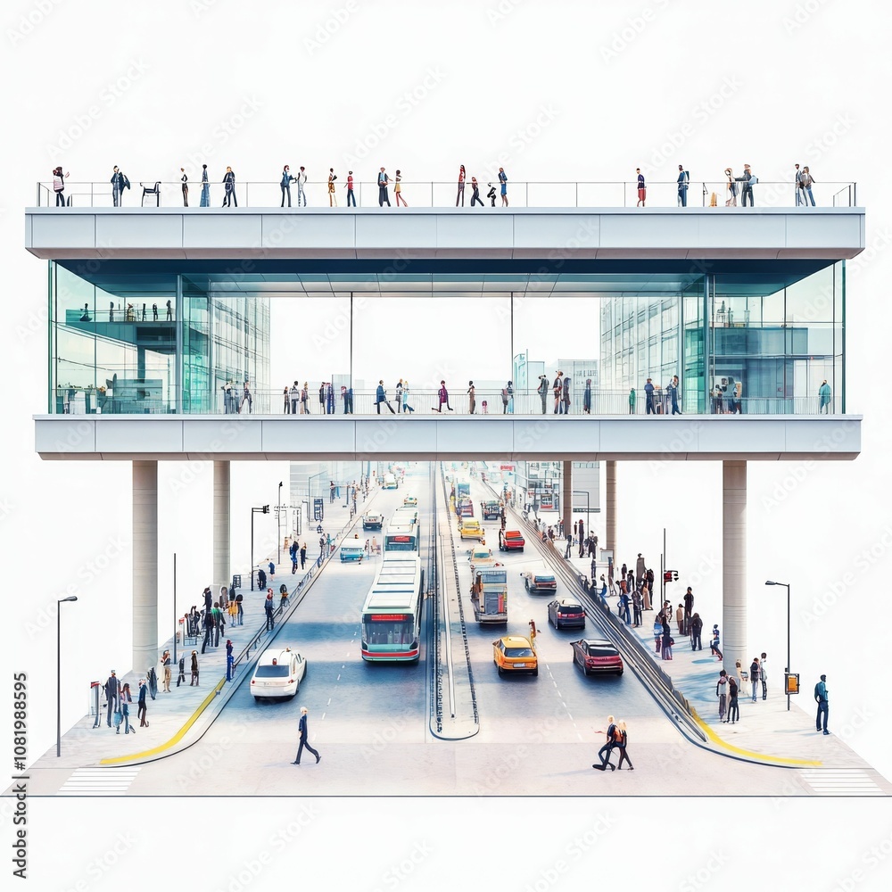 Obraz premium Cityscape with pedestrians, cars and bus.