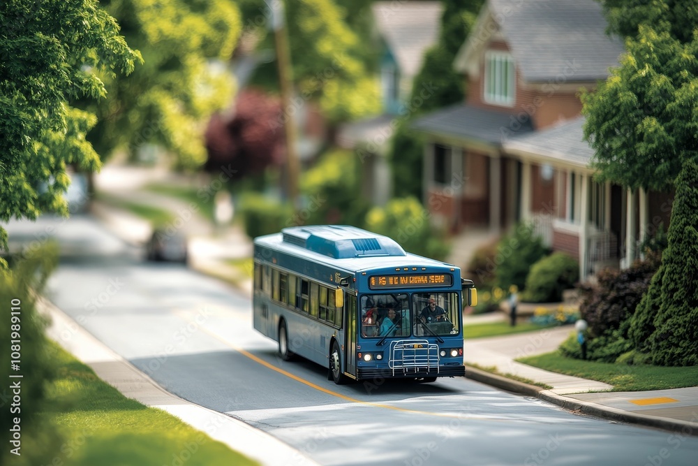 Obraz premium Blue bus on a suburban street.